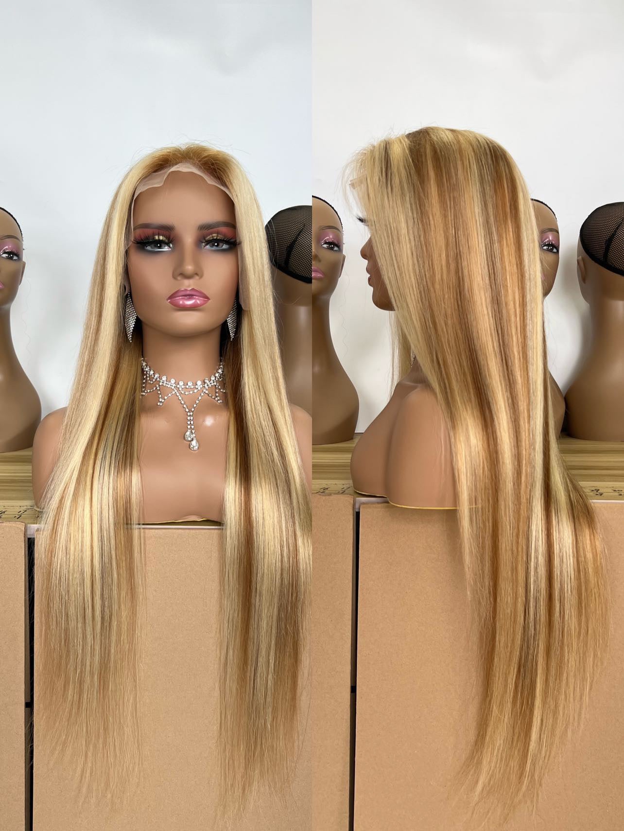 Honey Blonde Highlight HD Silky Straight Wigs